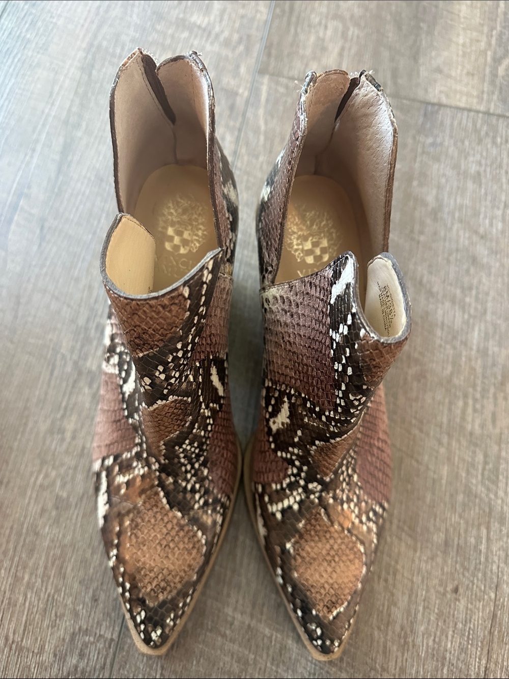Vince Camuto Brown Snake-Print Pointed Toe Ankle Boots